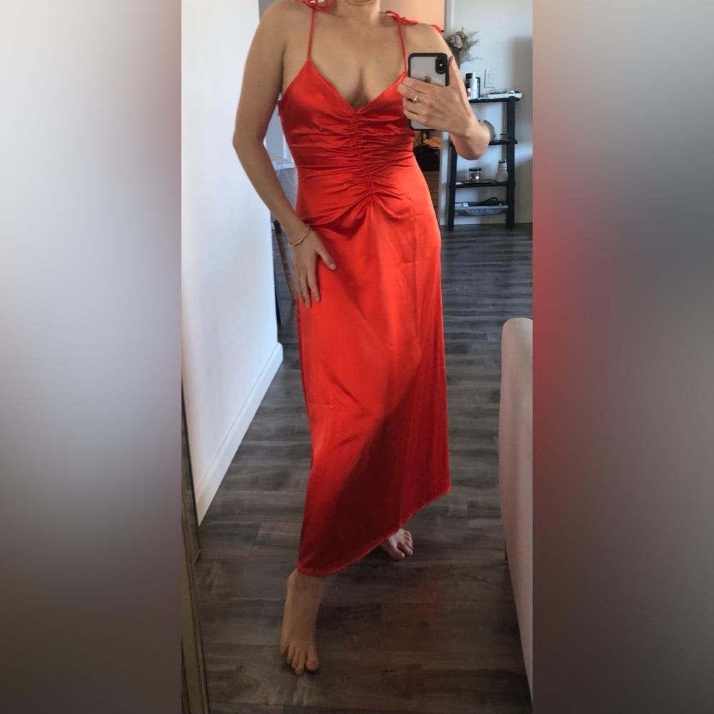 Jason Wu Red Orange Maxi Dress Gown Strappy Low Cut Slip Dress Ruched S